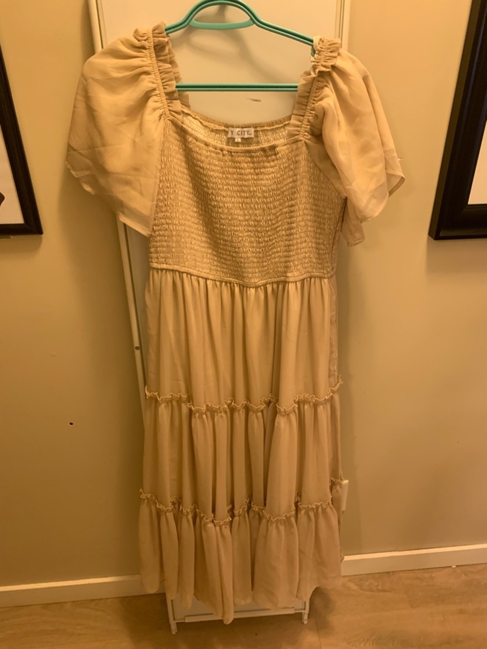 Ivy City Co Smocked Puff-Sleeve Cream Maxi Dress